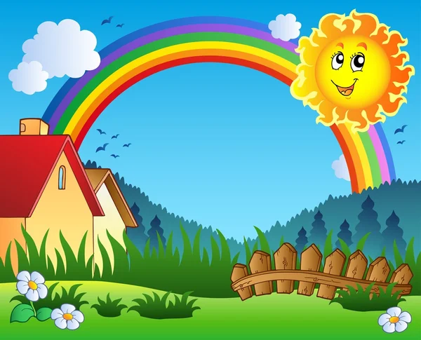 景观与太阳和彩虹 — 图库矢量图片