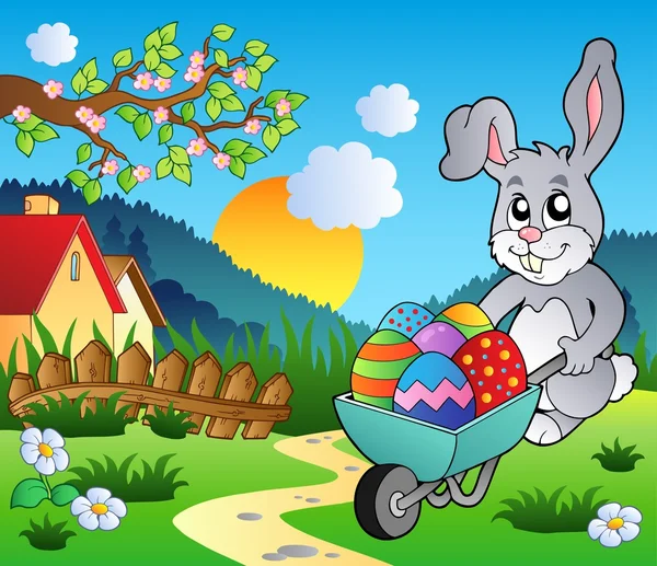 草甸与兔子和手推车 — 图库矢量图片