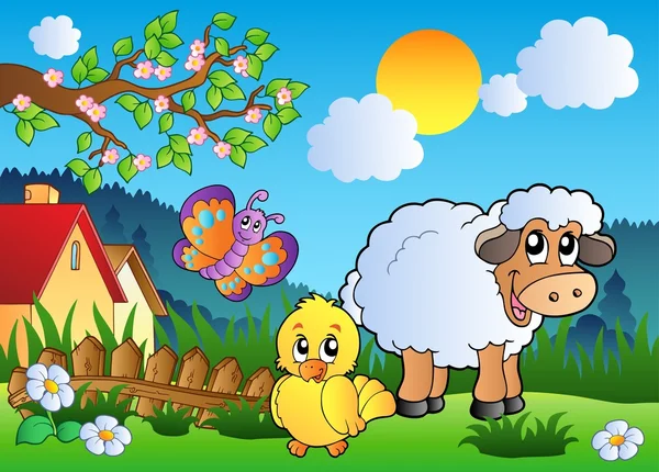 Louka s šťastné jaro zvířata — Stockový vektor