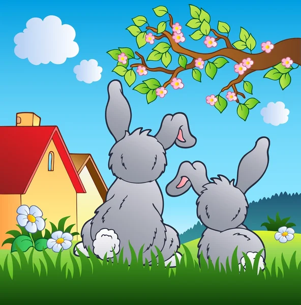 Louka s dvěma králíků — Stockový vektor
