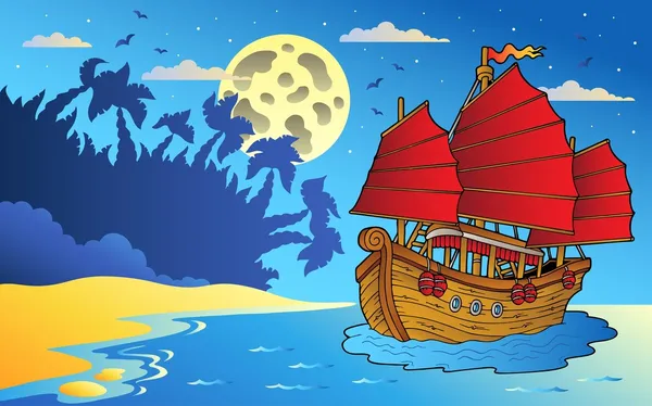 Морской пейзаж с китайским кораблем — стоковый вектор