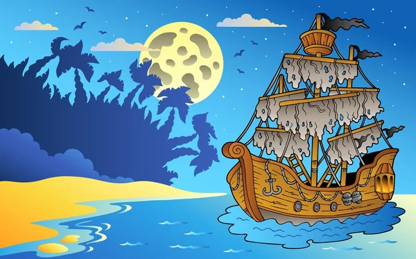 Ночной пейзаж с таинственным кораблем — стоковый вектор