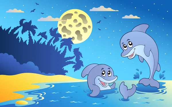 Paysage de nuit avec deux dauphins — Image vectorielle
