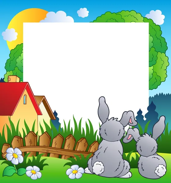 Spring frame with two rabbits — Stock Vector