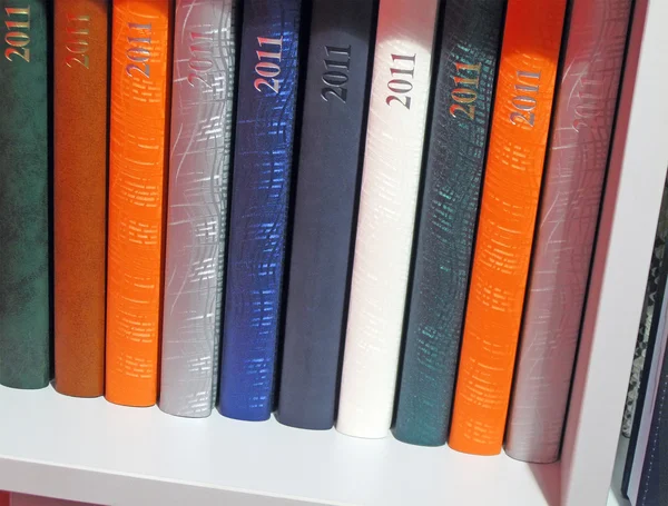 2011 color daybook diversity, white bookshelf — Stock Photo, Image
