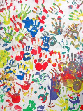 Color handprints wall, hands heap diversity background, finger-print. clipart