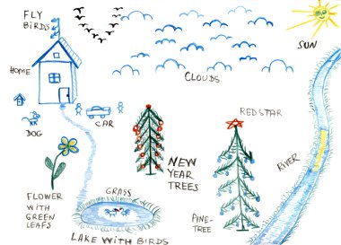 Dacha nature ladnmark, child drawing illustration clipart