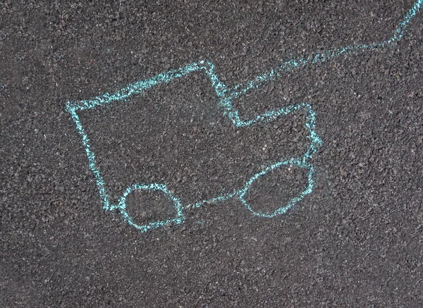 Green car, children drawing over asphalt — Stock Photo, Image
