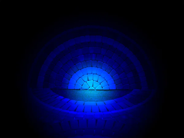 Blue lighting round brick wall, symmetry details. — Stock Photo, Image
