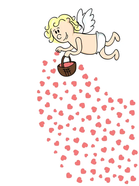 从篮子里扔红心可爱卡通丘比特 — 图库矢量图片