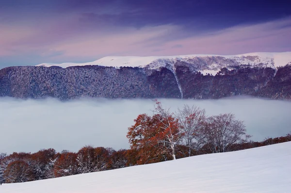 Sonnenaufgang in den Bergen und der erste Schnee im Herbst — Stockfoto