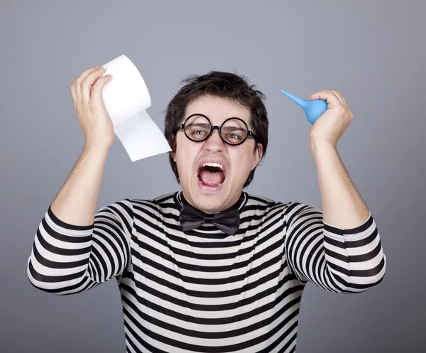 Funny men keeping clyster and toilet paper. — Stock Photo, Image