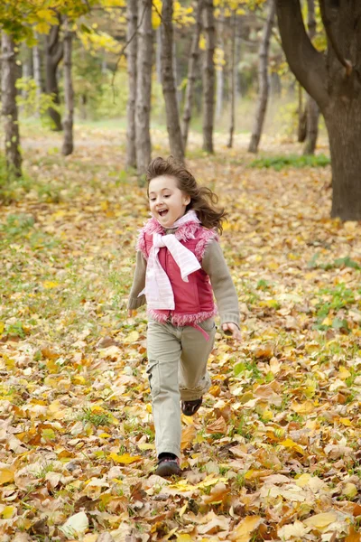 Τρέχοντας το χαριτωμένο κορίτσι σε πάρκο του φθινοπώρου. — Φωτογραφία Αρχείου
