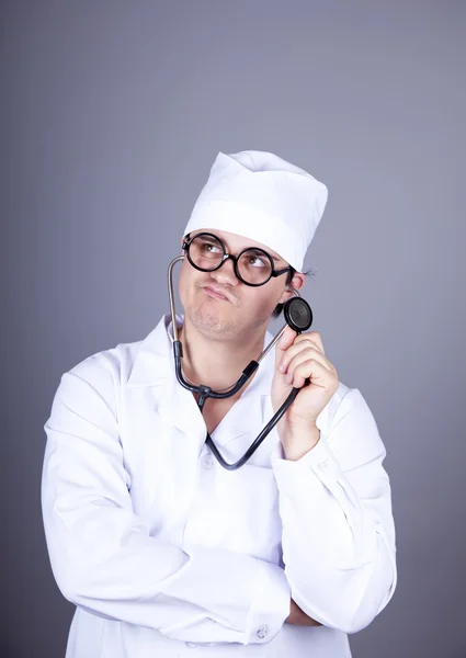 Crazy doctor with a stethoscope. — Stock Photo, Image