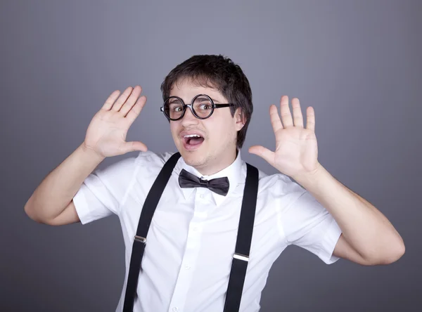 Portrait of funny fashion men in suspender with bow tie and glas — Stock Photo, Image