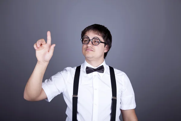 Portrait of funny fashion men in suspender with bow tie and glas — Stock Photo, Image