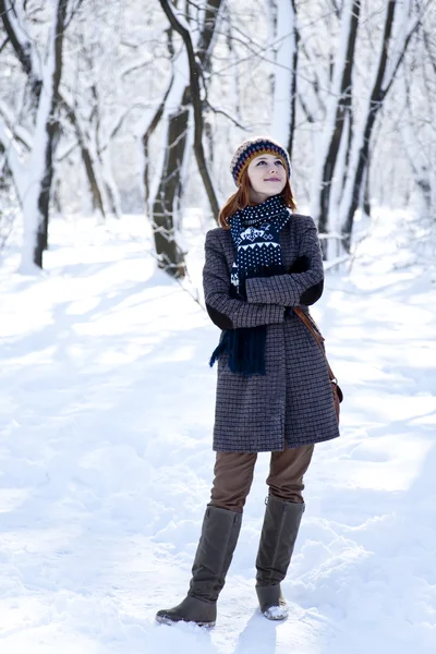 Piękna młoda rudowłosa kobieta w winter park — Zdjęcie stockowe