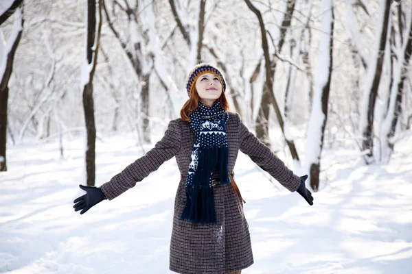 冬公園の美しい若い赤髪の女 — ストック写真