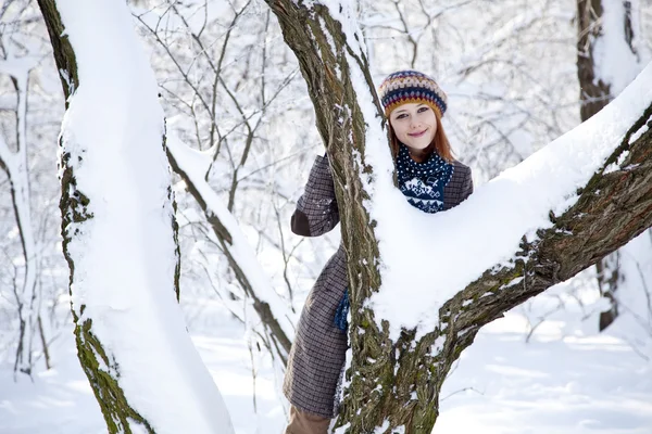 冬季公园美丽年轻的红头发女人 — 图库照片