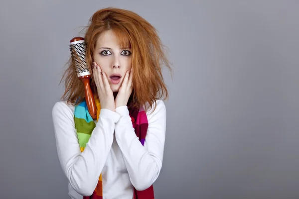 Sad Red Haired Girl Comb — Stock Photo, Image