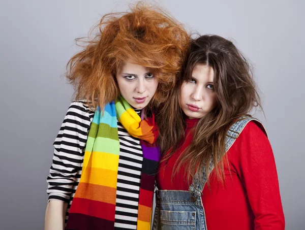 Two Funny Angry Girls One Them Strangle Other Studio Shot — Stock Photo, Image