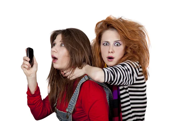 Két Vicces Dühös Lányok Egyikük Megfojtani Más Stúdió Felvétel — Stock Fotó