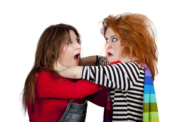 Two Funny Angry Girls One Them Strangle Other Studio Shot — Stock Photo, Image