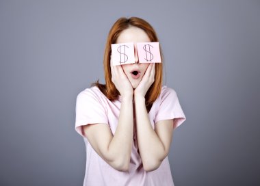 Girl with dollars symbol on eyes. clipart