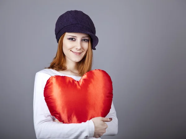 Beautiful Red Haired Girl Cap Toy Heart — Stock Photo, Image