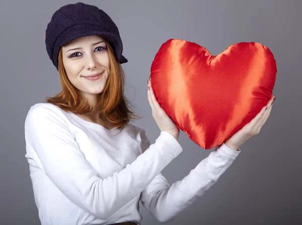 Beautiful Red Haired Girl Cap Toy Heart — Stock Photo, Image