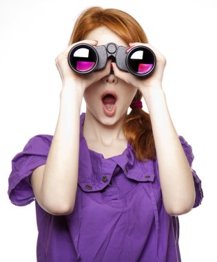 Teen red-haired girl with binoculars isolated on white backgroun clipart