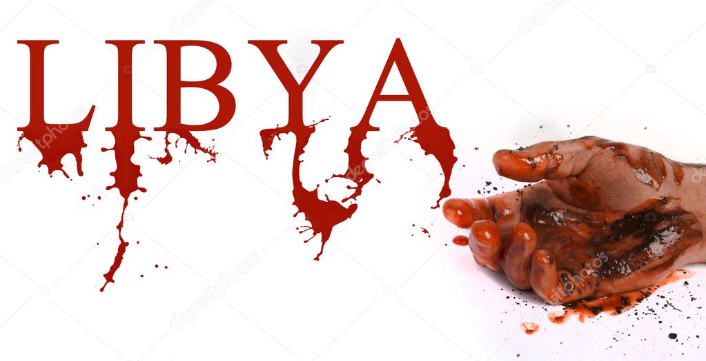 Hand in blood and word Libia symbolizes dead in Libyan co