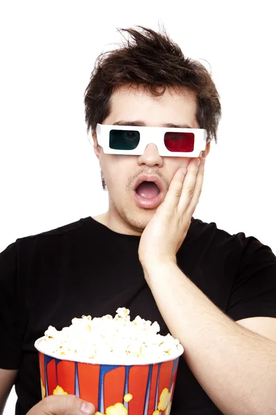 Funny men in stereo glasses with popcorn. — Stock Photo, Image