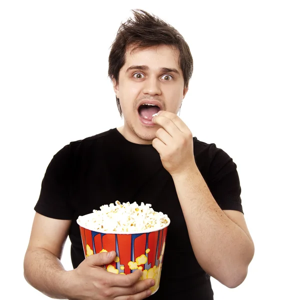 Funny men eating popcorn. — Stock Photo, Image