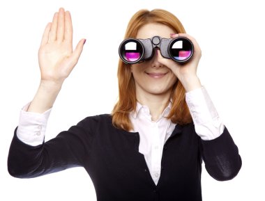 Business women seeking with binocular and show right hand clipart