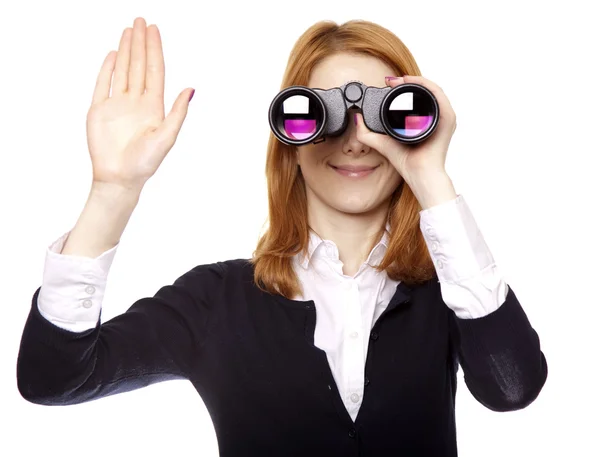 Mujeres de negocios que buscan con binocular y mostrar la mano derecha —  Fotos de Stock