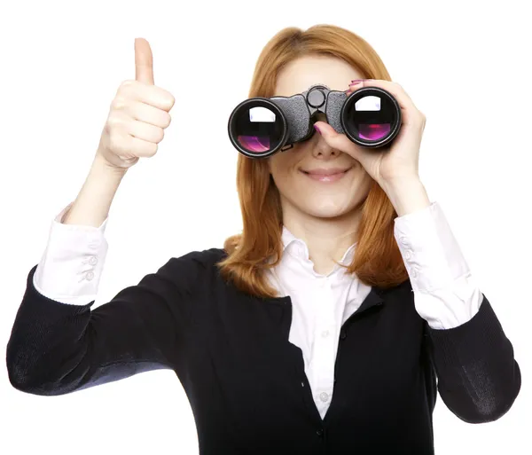 Las mujeres de negocios que buscan con binocular y mostrar símbolo OK . — Foto de Stock