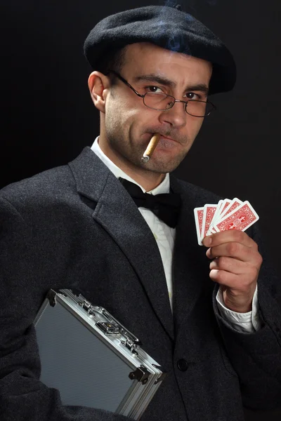 Portrait Joueur Poker Sur Fond Noir — Photo