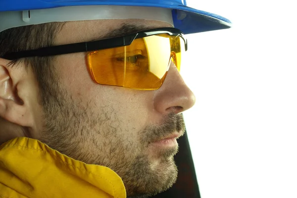 Trabalhador com capacete azul — Fotografia de Stock