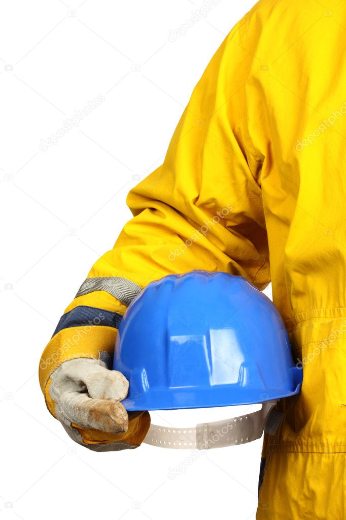 Man holding blue helmet over white