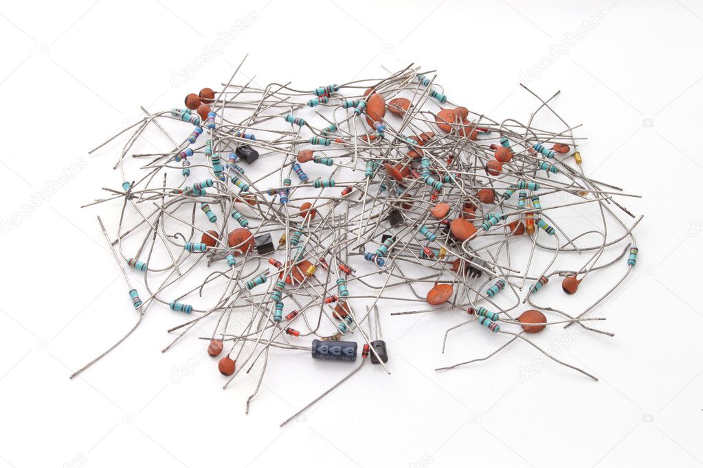 Assorted electronics components on a plain white background.