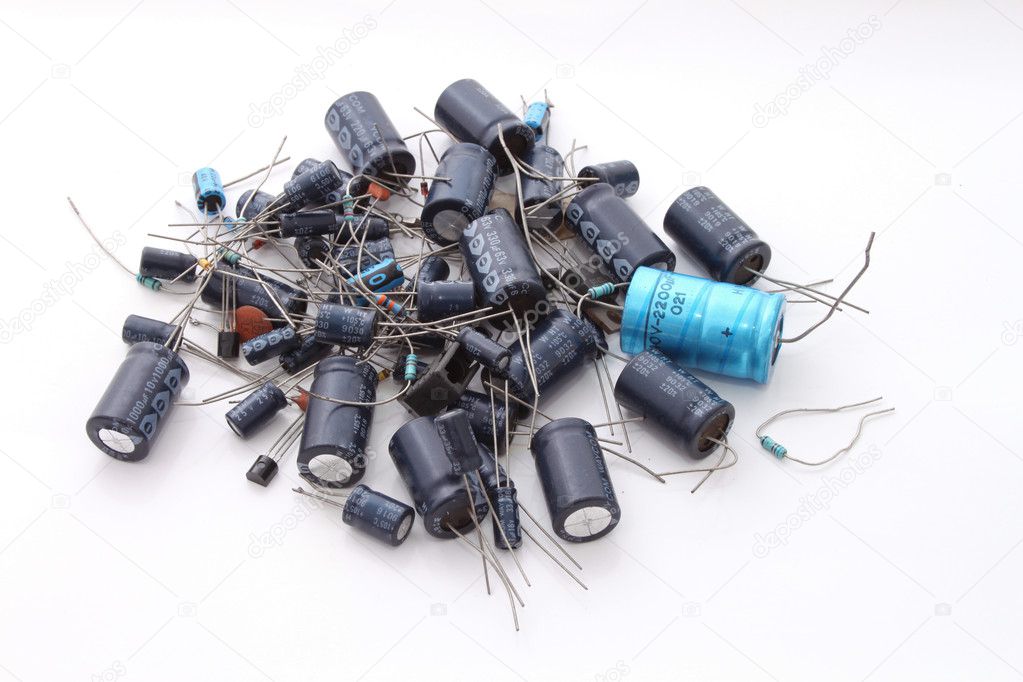 Assorted electronics components on a plain white background.