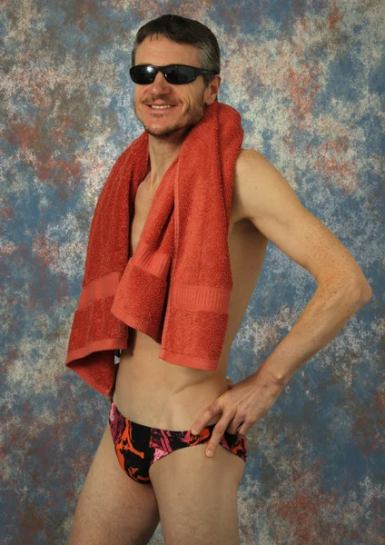 Semi Nude Muscular Man Red Towel — Stock Photo, Image