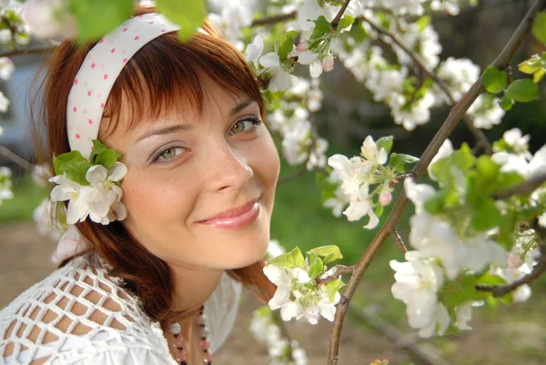Flowering apple tree and girl Royalty Free Stock Images