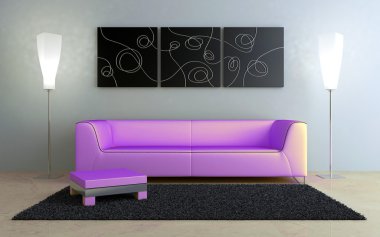 Pink modern sofa in luminous home interior clipart