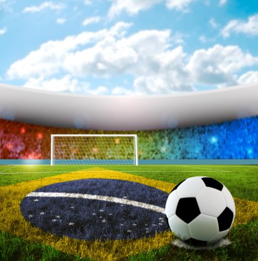 Soccer ball on penalty disk in brazilian stadium clipart