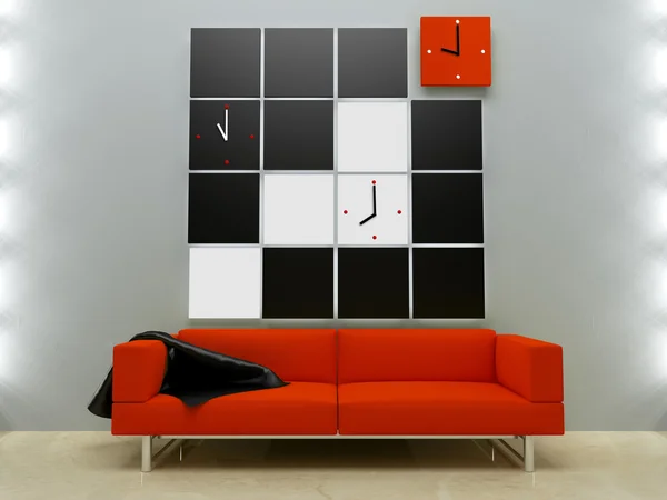 Rode Sofa Gedecoreerde Muur Met Deelvenster Klokken — Stockfoto