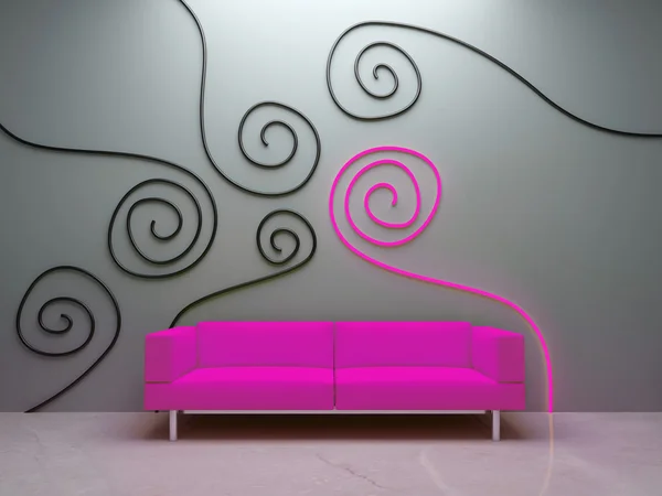 Roze Moderne Bank Gedecoreerde Muur Interieur Huis — Stockfoto
