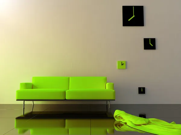 Interieur - groene fluwelen sofa en tijdzone klok — Stockfoto