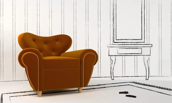 Проект Інтер Єру Реальним Сидінням Іншою Лише Лінією Малювання — стокове фото